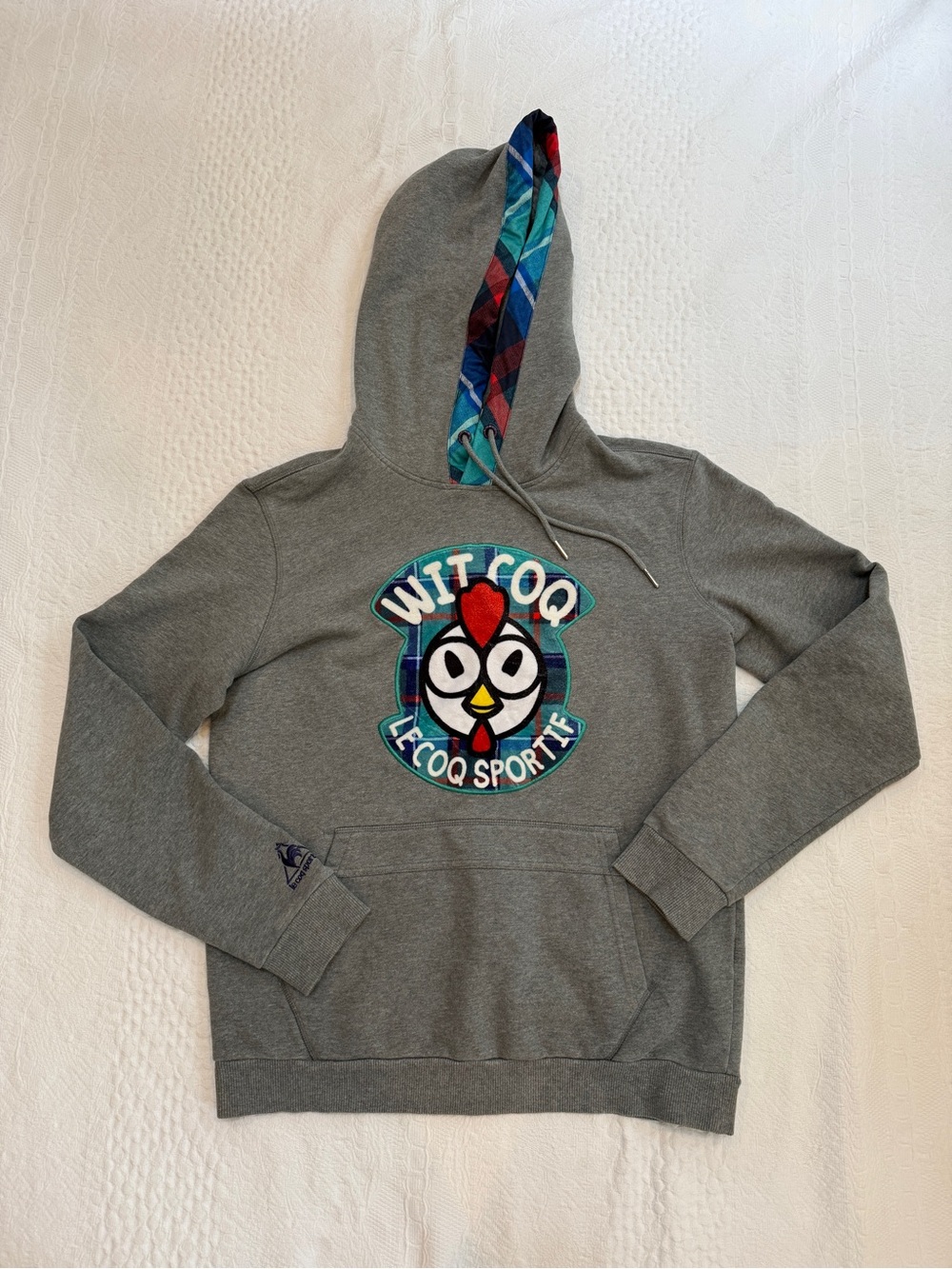 Le Coq Sportif Hoodie Gray Plaid Trim Chicken Logo Pullover Women’s M Unisex S